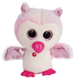 Plüsch-Eule in Pink und Weiß mit glänzenden Flügeln, großen Augen sowie glitzerndem Schnabel und Füßen.