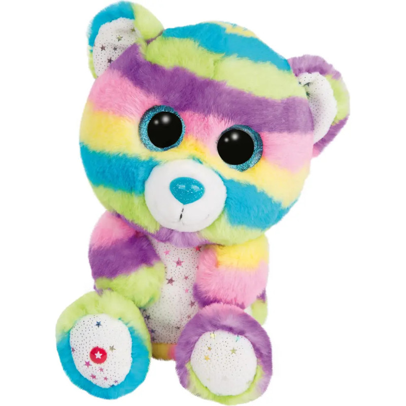 Plüsch-Teddybär mit pastellfarbenen Regenbogenstreifen, großen blauen Glitzeraugen und Sternen auf den Pfoten. Plüsch-Teddybär mit pastellfarbenen Regenbogenstreifen, großen blauen Glitzeraugen und Sternen auf den Pfoten.