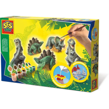 Box eines Dinosaurier-Malsets mit vier Dinosaurierfiguren, Farbtöpfchen, Pinseln und Zubehör.