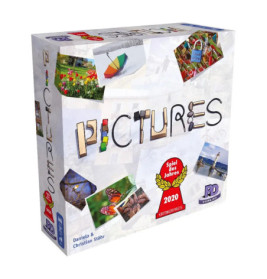 Die Pictures-Spielschachtel mit Collage-Fotos und dem Spiel des Jahres 2020-Siegel.