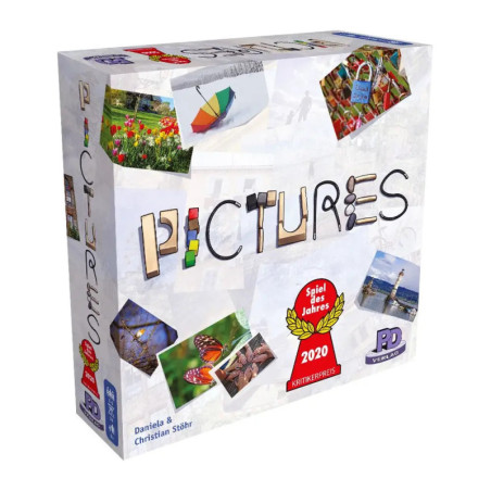 Die Pictures-Spielschachtel mit Collage-Fotos und dem Spiel des Jahres 2020-Siegel. Die Pictures-Spielschachtel mit Collage-Fotos und dem Spiel des Jahres 2020-Siegel.