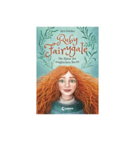 Buchcover von Ruby Fairygale mit einem rothaarigen Mädchen, grünen Zweigen und türkisfarbenem Hintergrund.
