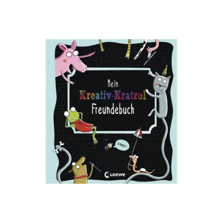 Buchcover: Comic-Tiere um eine Tafel mit der Aufschrift Mein Kreativ-Kratzel Freundebuch.