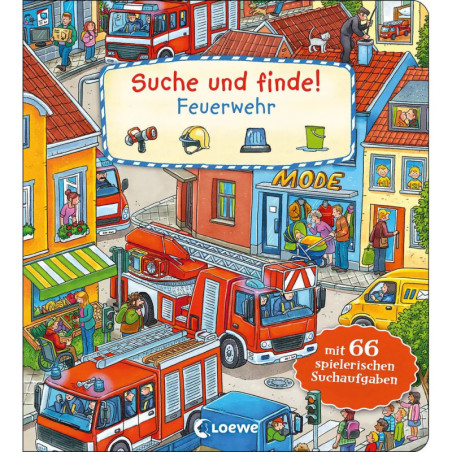 Buchcover mit Illustration: Feuerwehrautos, Feuerwehrleute und Menschen in belebter Stadt. Text auf Deutsch.