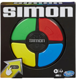 Das elektronische Simon-Spiel in der Verpackung mit grünen, roten, blauen und gelben Tasten.