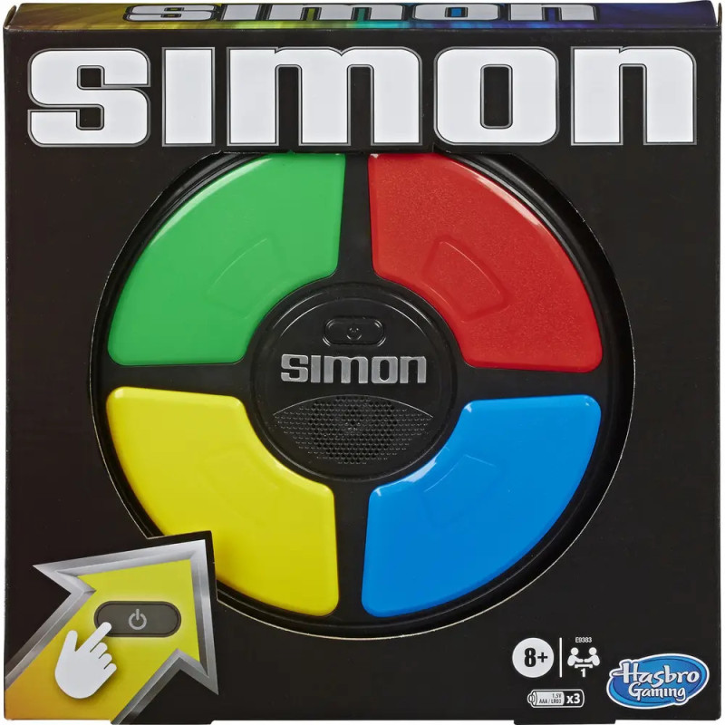 Das elektronische Simon-Spiel in der Verpackung mit grünen, roten, blauen und gelben Tasten. Das elektronische Simon-Spiel in der Verpackung mit grünen, roten, blauen und gelben Tasten.