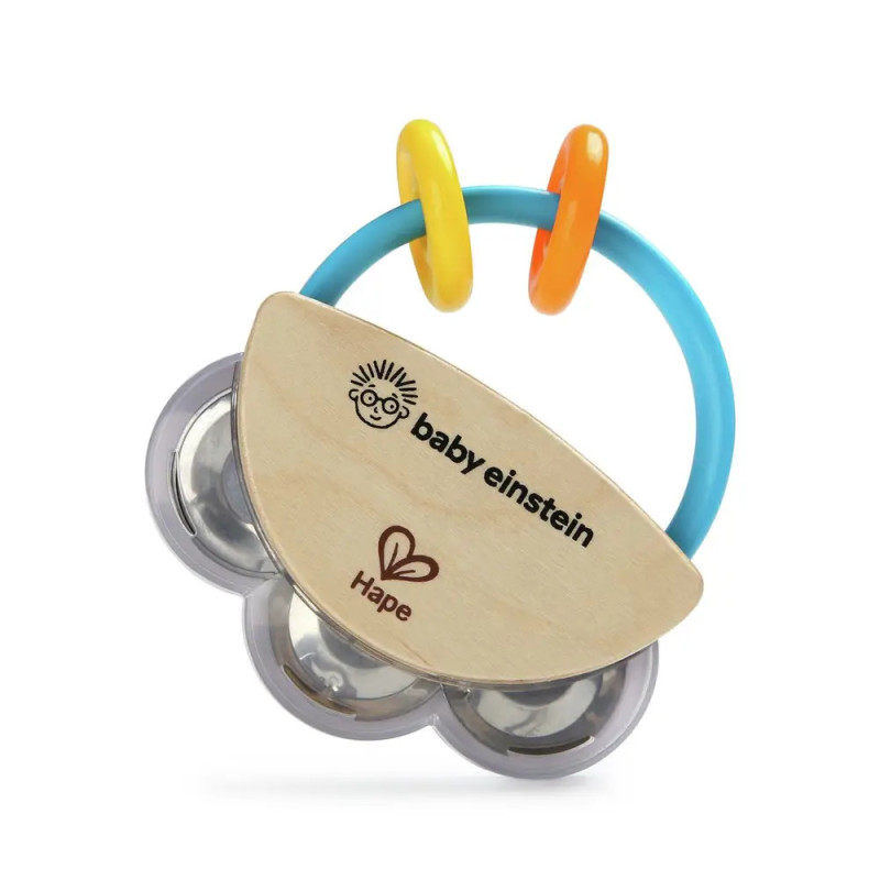 Holzrassel mit blauem Ring, gelben und orangefarbenen Schlaufen sowie Logos von Baby Einstein und Hape.