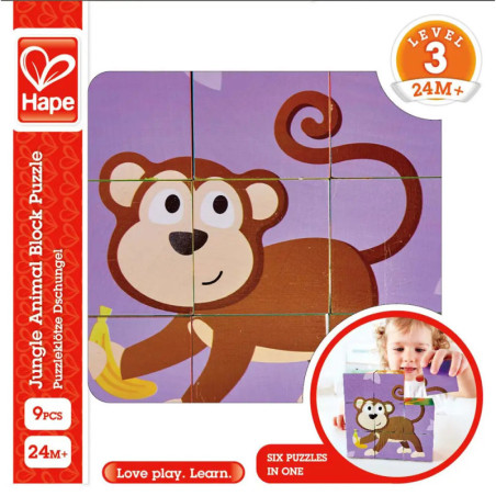 Ein Steckpuzzle zeigt ein Affen mit Banane, empfohlen für Kinder ab 24 Monaten.