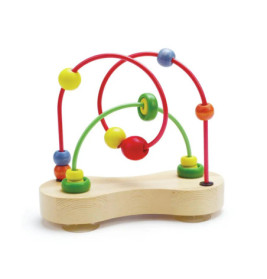 Holzperlen-Labyrinthspielzeug mit roten und grünen Drahtbahnen sowie bunten Perlen auf Holzsockel.