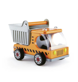 Spielzeugkipplaster mit gelbem Aufbau, grauer Ladefläche und schwarzen Rädern auf weißem Hintergrund.