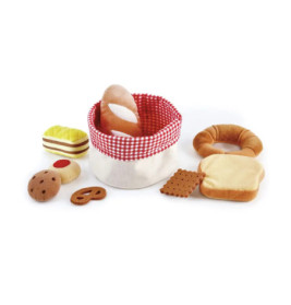 Plüsch-Bäckerei-Set mit Broten, Gebäck und Korb mit rot-kariertem Rand auf weißem Hintergrund.