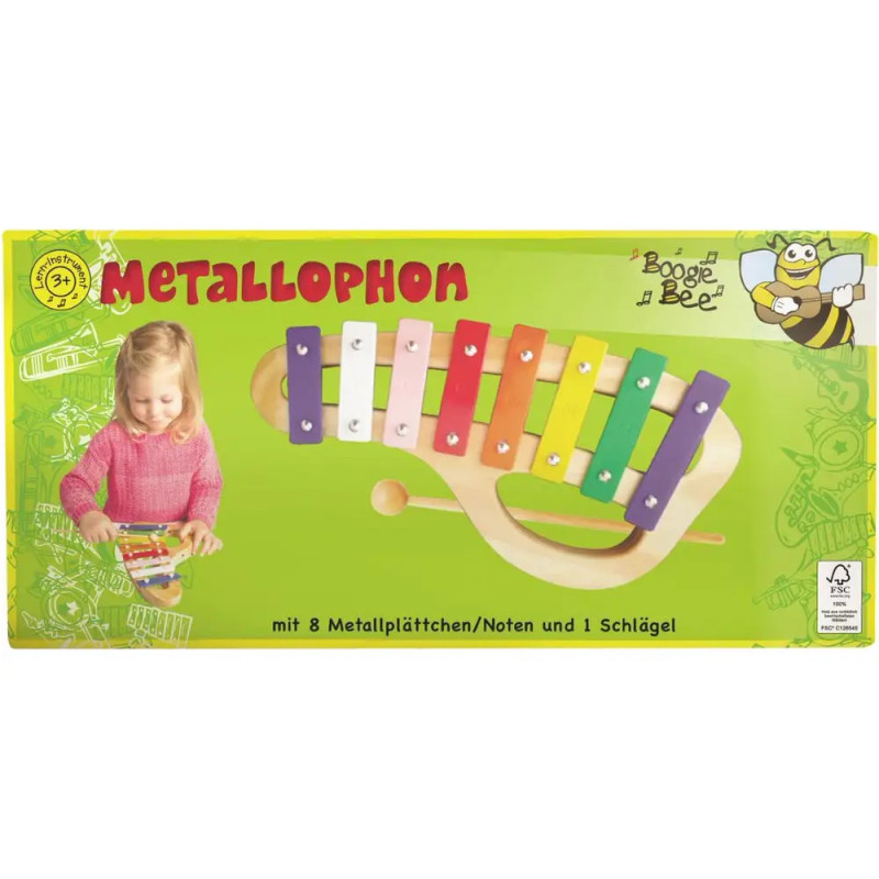 Buntes Metallxylophon mit Schlägel und spielendem Kind, Karton mit der Aufschrift Metallophon.