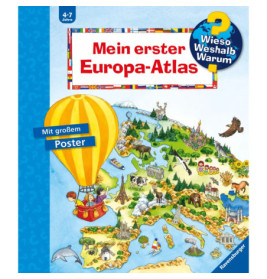 Illustrierter Europa-Kinderatlas mit Heißluftballon, Sehenswürdigkeiten, Tieren und Kindern auf der Karte.