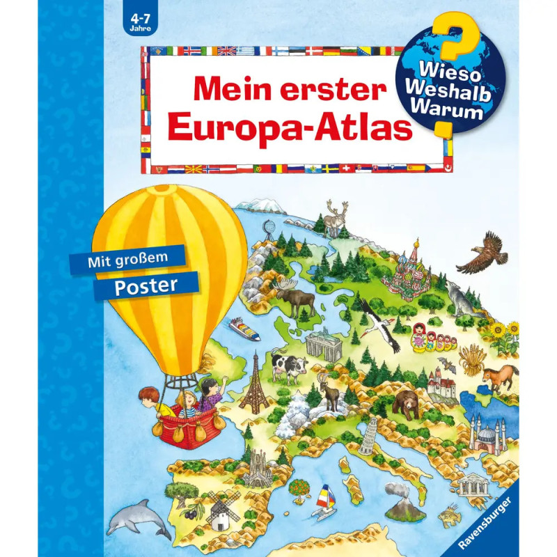 Illustrierter Europa-Kinderatlas mit Heißluftballon, Sehenswürdigkeiten, Tieren und Kindern auf der Karte. Illustrierter Europa-Kinderatlas mit Heißluftballon, Sehenswürdigkeiten, Tieren und Kindern auf der Karte.