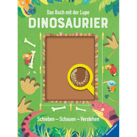 Kinderbuchcover mit Fossilien, Knochen und Dino-Illustrationen auf grünem Hintergrund.