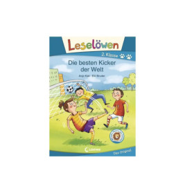 Gezeichnete Kinder spielen Fußball, eins schießt ein Tor. Deutsches Buchcover, blauer Himmel im Hintergrund.