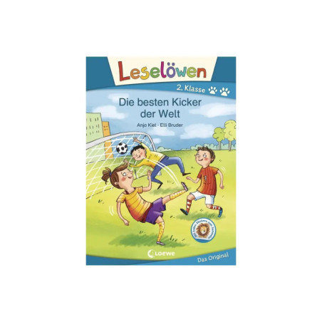 Gezeichnete Kinder spielen Fußball, eins schießt ein Tor. Deutsches Buchcover, blauer Himmel im Hintergrund.