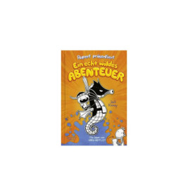 Deutsches Buchcover mit Comicfiguren und dem Titel Ein echt wildes Abenteuer auf orangem Hintergrund.