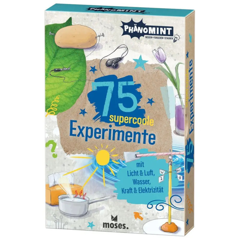Box mit 75 supercoolen Experimenten, auf dem Deckel bunte Abbildungen verschiedener Experimente. Box mit 75 supercoolen Experimenten, auf dem Deckel bunte Abbildungen verschiedener Experimente.
