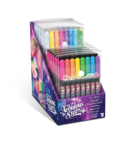 Bunte Nebulous Stars Gelstifte in einer Schachtel mit farbigem Design und einer illustrierten Figur.