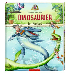 Kinder schwimmen und spielen mit Dinosauriern im Freibad auf dem Buchcover Dinosaurier im Freibad.