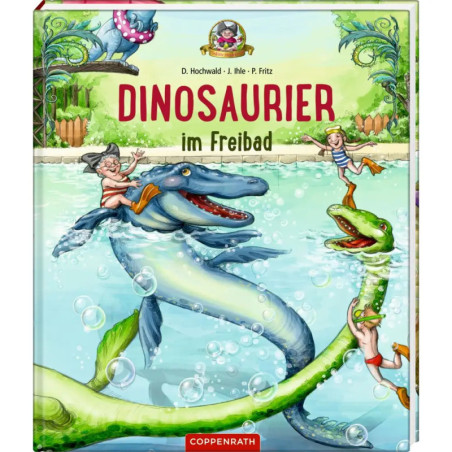 Kinder schwimmen und spielen mit Dinosauriern im Freibad auf dem Buchcover Dinosaurier im Freibad. Kinder schwimmen und spielen mit Dinosauriern im Freibad auf dem Buchcover Dinosaurier im Freibad.