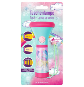 Bunte Einhorn-Taschenlampe in Pink und Türkis mit Sternknopf vor Verpackung mit deutscher Beschriftung.