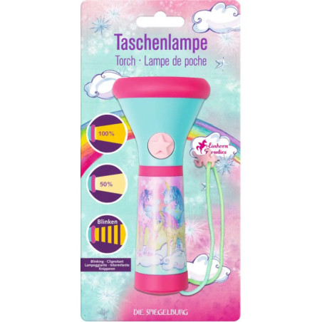 Bunte Einhorn-Taschenlampe in Pink und Türkis mit Sternknopf vor Verpackung mit deutscher Beschriftung.