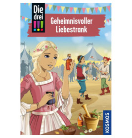 Animiertes Mädchen hält einen Trank auf einem Mittelaltermarkt im Hintergrund Gaukler und Zelte.