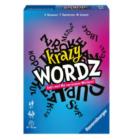 Krazy Wordz Brettspielschachtel mit buntem Hintergrund und verspielten, durcheinandergewürfelten Buchstaben.