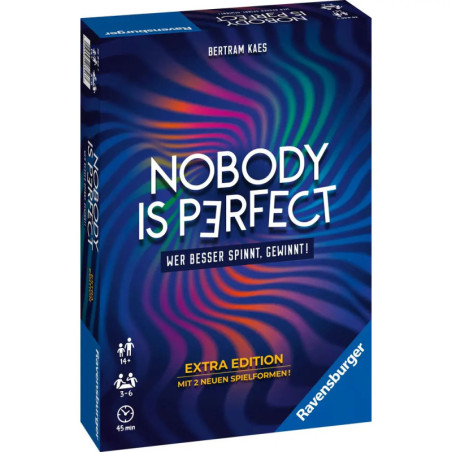 Blaue Nobody Is Perfect-Spielschachtel mit buntem Wirbelmuster und deutscher Aufschrift auf der Vorderseite.