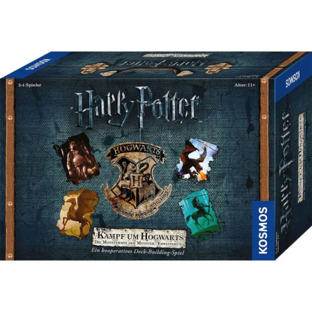 Harry Potter Kampf um Hogwarts Spielbox mit Hogwarts-Wappen und den vier Haus-Emblemen auf der Vorderseite.