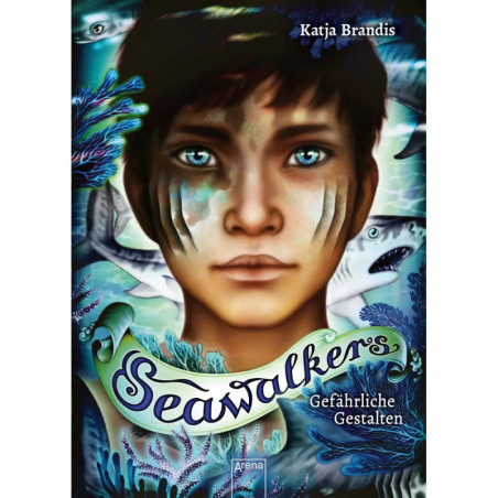 Ein Junge mit blauen Augen ist auf dem Seawalkers-Cover von Meereswesen umgeben. Ein Junge mit blauen Augen ist auf dem Seawalkers-Cover von Meereswesen umgeben.