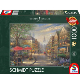 Puzzle mit 1000 Teilen, Motiv: Gemütliche europäische Straße mit Geschäften, Cafés, Menschen, Kunst von Thomas Kinkade.