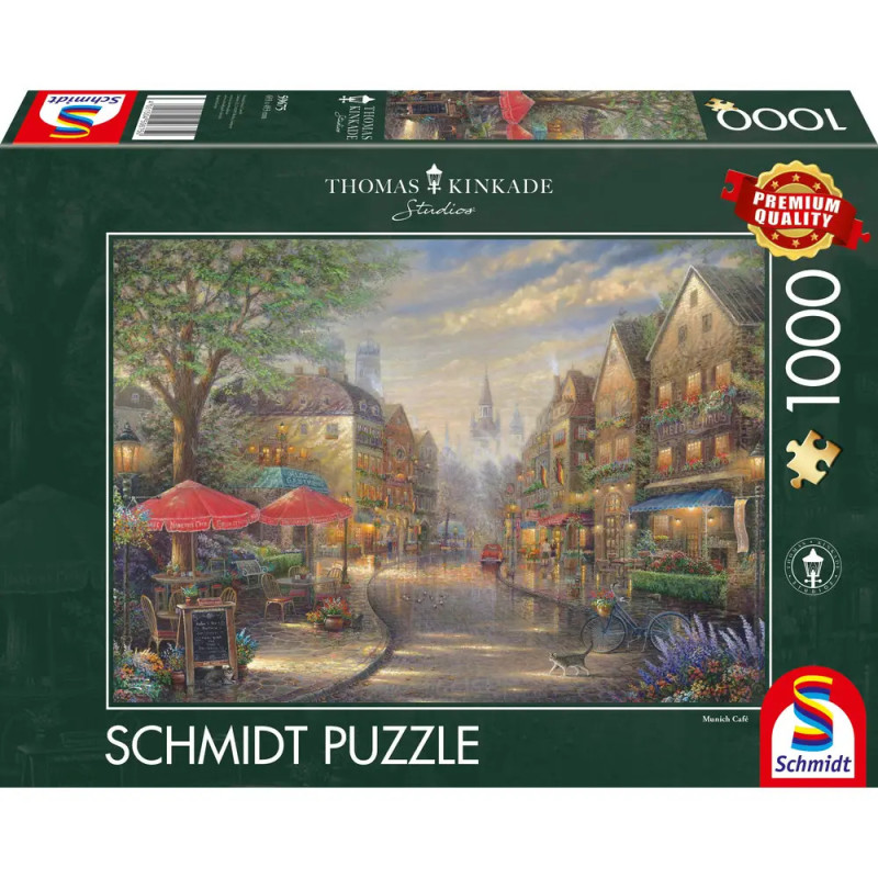 Puzzle mit 1000 Teilen, Motiv: Gemütliche europäische Straße mit Geschäften, Cafés, Menschen, Kunst von Thomas Kinkade. Puzzle mit 1000 Teilen, Motiv: Gemütliche europäische Straße mit Geschäften, Cafés, Menschen, Kunst von Thomas Kinkade.