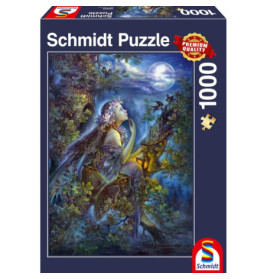 Schmidt Puzzle (1000 Teile): Eine Fee sitzt auf einem Ast unter dem Vollmond, in der Nähe sind Eulen zu sehen.