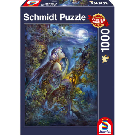 Schmidt Puzzle (1000 Teile): Eine Fee sitzt auf einem Ast unter dem Vollmond, in der Nähe sind Eulen zu sehen.