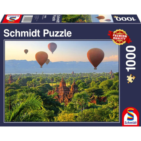 Puzzlekarton mit Heißluftballons über alten Tempeln inmitten grüner, üppiger Landschaft.