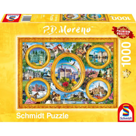 Schmidt Puzzle mit 1000 Teilen zeigt farbenfrohe, gerahmte Motive europäischer Schlösser und Landschaften.