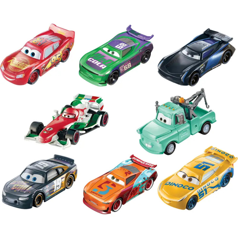 Acht bunte Spielzeugautos aus dem Cars-Film sind auf weißem Hintergrund angeordnet. Acht bunte Spielzeugautos aus dem Cars-Film sind auf weißem Hintergrund angeordnet.