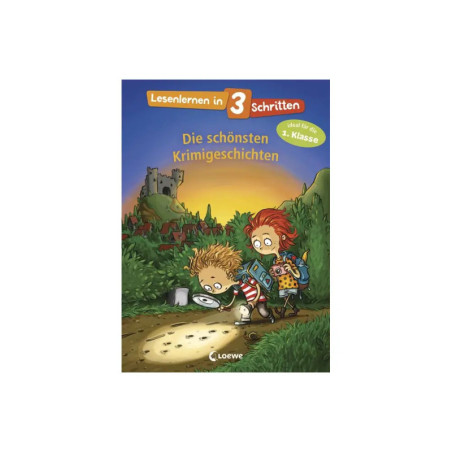 Kinder erkunden mit Taschenlampe und Lupe einen Weg, im Hintergrund ein Schloss. Deutscher Text auf dem Cover.