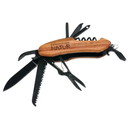 Multitool-Taschenmesser mit Holzgriff und Aufschrift Expedition Natur, mehrere Werkzeuge ausgeklappt.