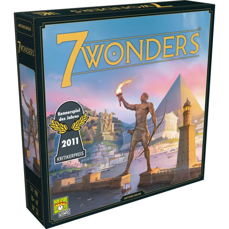 7 Wonders-Spielbox mit antiken Weltwundern, darunter Koloss von Rhodos und die Cheops-Pyramide.