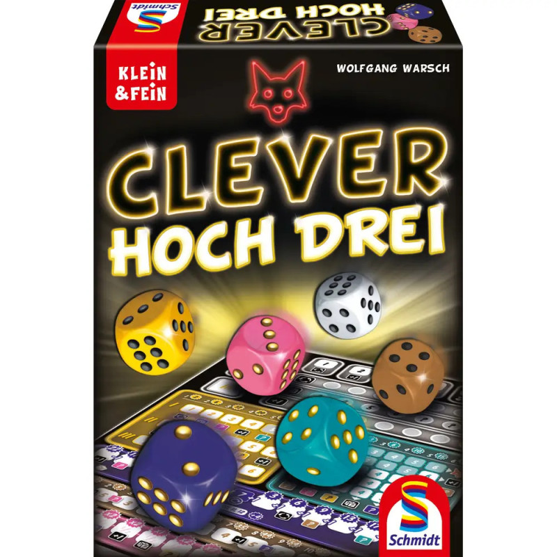 Clevere Hoch Drei Spielbox mit bunten Würfeln und Wertungsblatt im Hintergrund. Clevere Hoch Drei Spielbox mit bunten Würfeln und Wertungsblatt im Hintergrund.