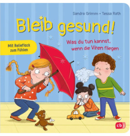 Drei Cartoon-Kinder: eins niest, eins hält einen Regenschirm, eins sitzt am Boden. Hintergrund mit blauen Streifen.