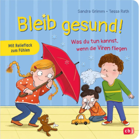 Drei Cartoon-Kinder: eins niest, eins hält einen Regenschirm, eins sitzt am Boden. Hintergrund mit blauen Streifen.