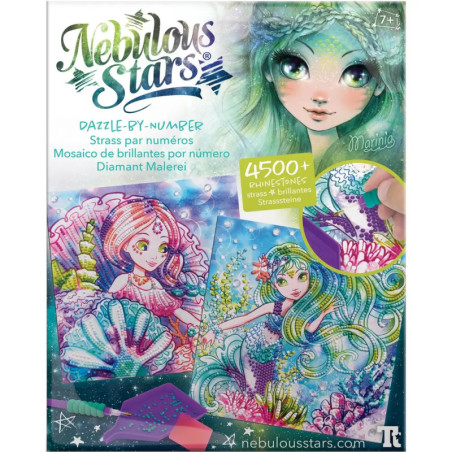 Nebulous Stars Dazzle-By-Number-Set mit Meerjungfrau, Strasssteinen und Werkzeugen in bunter Verpackung.