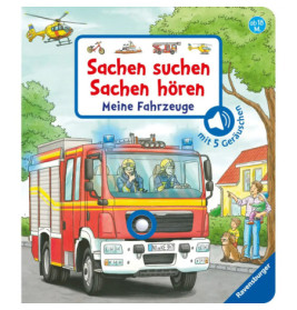 Kinderbuchcover mit Feuerwehrauto, Feuerwehrleuten, Familie und weiteren Fahrzeugen deutscher Text über Fahrzeuge.