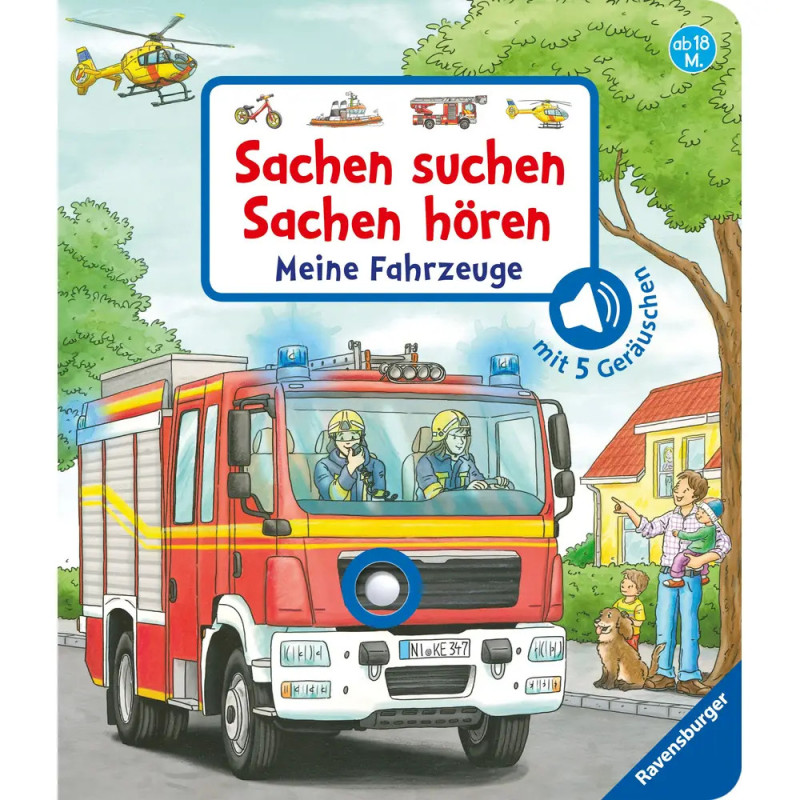 Kinderbuchcover mit Feuerwehrauto, Feuerwehrleuten, Familie und weiteren Fahrzeugen deutscher Text über Fahrzeuge. Kinderbuchcover mit Feuerwehrauto, Feuerwehrleuten, Familie und weiteren Fahrzeugen deutscher Text über Fahrzeuge.