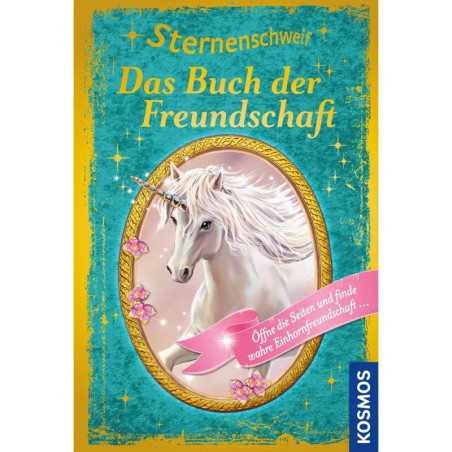 Buchcover mit weißem Einhorn und rosa Edelsteinen. Titel: Das Buch der Freundschaft (Kosmos, Deutsch). Buchcover mit weißem Einhorn und rosa Edelsteinen. Titel: Das Buch der Freundschaft (Kosmos, Deutsch).